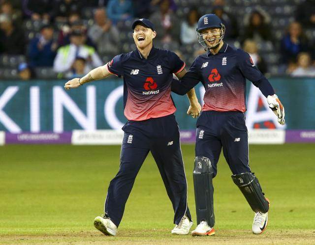 England players Ben Stokes (L) and Jos Buttler celebrate taking the wicket of West Indian batsman Jerome Taylor during the third one day international cricket match at the Brightside Ground in Bristol on September 24, 2017. England beat West Indies by 124 runs. (AFP) England players Ben Stokes (L) and Jos Buttler celebrate taking the wicket of West Indian batsman Jerome Taylor during the third one day international cricket match at the Brightside Ground in Bristol on September 24, 2017. England beat West Indies by 124 runs. (AFP)