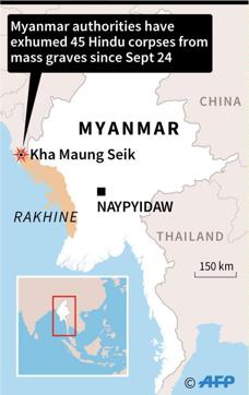 Map of Myanmar locating Kha Maung Seik in northern Rakhine state, where authorities exhumed dozens of corpses from mass graves since Sunday. (AFP)