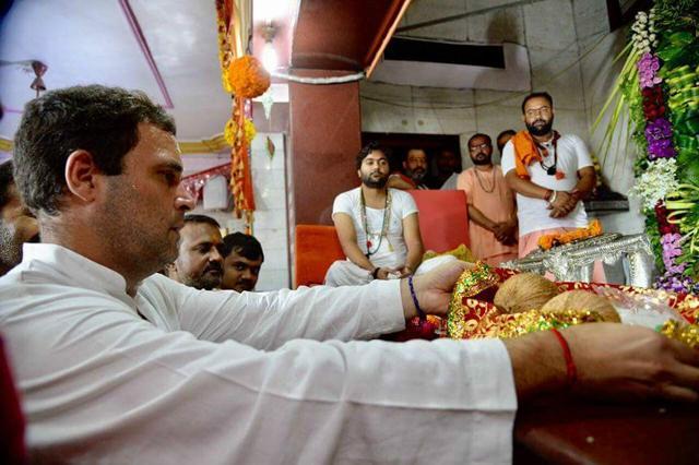Rahul Gandhi offers prayers at Chamunda Ma temple atop Chotila hill on the last day of his Navsarjan Yatra in Saurashtra of poll-bound Gujarat. Rahul Gandhi offers prayers at Chamunda Ma temple atop Chotila hill on the last day of his Navsarjan Yatra in Saurashtra of poll-bound Gujarat.