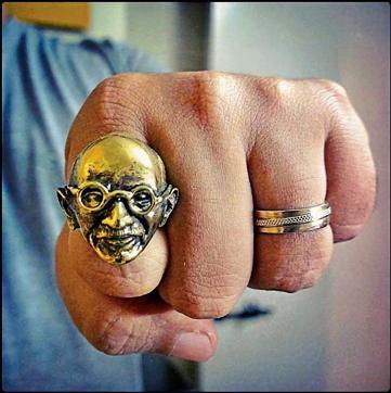 A biker ring may seem like an odd placement for the face of non-violence, but Chaudhuri has found that Gandhi’s message transcends the medium. (Chirodeep Chaudhuri) A biker ring may seem like an odd placement for the face of non-violence, but Chaudhuri has found that Gandhi’s message transcends the medium. (Chirodeep Chaudhuri)