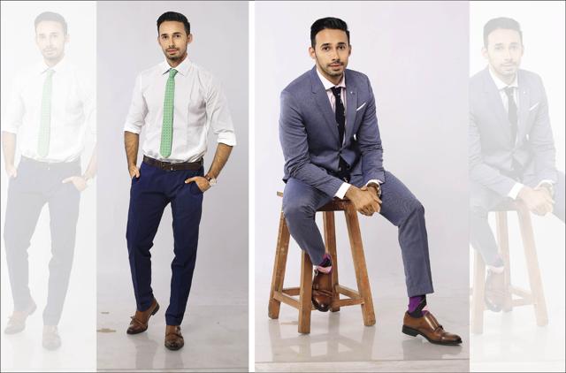 Investment banker Rizwan Bachav’s signature colour is white. (From left ) He wears a shirt from owshirts.com, trousers from Zara, belt from Da Milano, tie from The Tie Hub, watch from Emporio Armani and shoes from Zara; Suit and shoes from Zara, shirt from owshirts.com, tie from The Tie Hub, socks from Happy Socks and watch from Emporio Armani. Make-up and hair by Ashish Moitra (ashu_mois) (Shivangi Kulkarni) Investment banker Rizwan Bachav’s signature colour is white. (From left ) He wears a shirt from owshirts.com, trousers from Zara, belt from Da Milano, tie from The Tie Hub, watch from Emporio Armani and shoes from Zara; Suit and shoes from Zara, shirt from owshirts.com, tie from The Tie Hub, socks from Happy Socks and watch from Emporio Armani. Make-up and hair by Ashish Moitra (ashu_mois) (Shivangi Kulkarni)