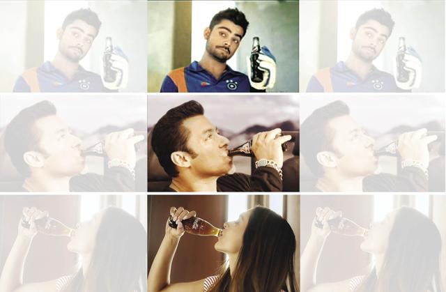 (From top) Virat Kohli announced that he would not endorse Pepsi Cola because he no longer drinks it; Thums Up remains the best-selling cola in India that uses the likes of Salman Khan to push it; Deepika Padukone is the brand ambassador of Coca Cola (From top) Virat Kohli announced that he would not endorse Pepsi Cola because he no longer drinks it; Thums Up remains the best-selling cola in India that uses the likes of Salman Khan to push it; Deepika Padukone is the brand ambassador of Coca Cola