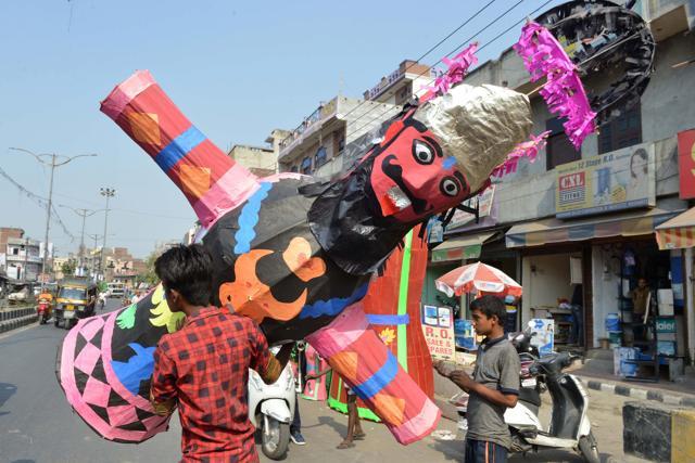 The festival of Dussehra symbolises the triumph of good over evil with Rama’s victory over Ravana, with firecracker-stuffed effigies of the demon king Ravana set alight. (Narinder Nanu / AFP)