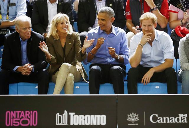 Barack Obama dances with Jill Biden as Prince Harry (R) and former US vice-president Joe Biden watch a wheelchair basketball event at the Invictus Games in Toronto. (Reuters Photo) Barack Obama dances with Jill Biden as Prince Harry (R) and former US vice-president Joe Biden watch a wheelchair basketball event at the Invictus Games in Toronto. (Reuters Photo)