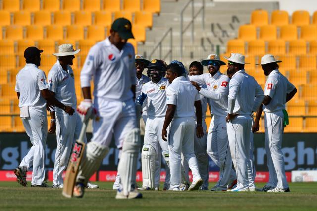 Rangana Herath celebrates after he dismissed Pakistan's Sarfraz Ahmed in Abu Dhabi on October 2, 2017. (AFP) Rangana Herath celebrates after he dismissed Pakistan's Sarfraz Ahmed in Abu Dhabi on October 2, 2017. (AFP)