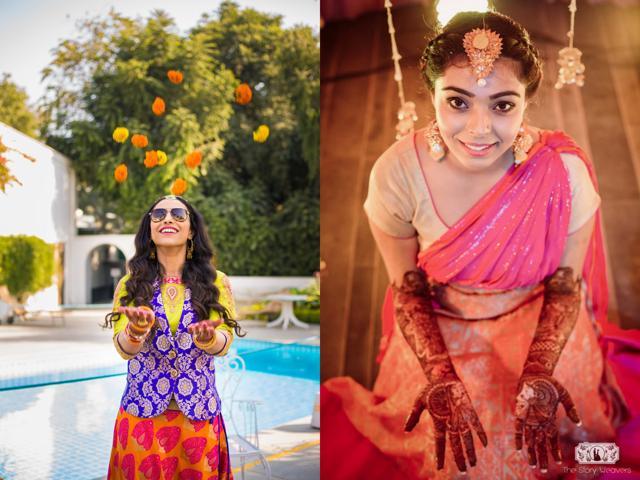 Dayaneet Kaur in a Benarasi brocade that was owned by her late grandma; and Aakshi Baijal’s mehendi outfit, made by upcycling her mother’s vintage sari. (Mahima Bhatia; The Story Weavers)