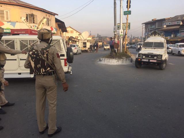 Security personnel deployed near the Srinagar airport after the attack on Monday. (Waseem Andrabi / HT Photo) Security personnel deployed near the Srinagar airport after the attack on Monday. (Waseem Andrabi / HT Photo)