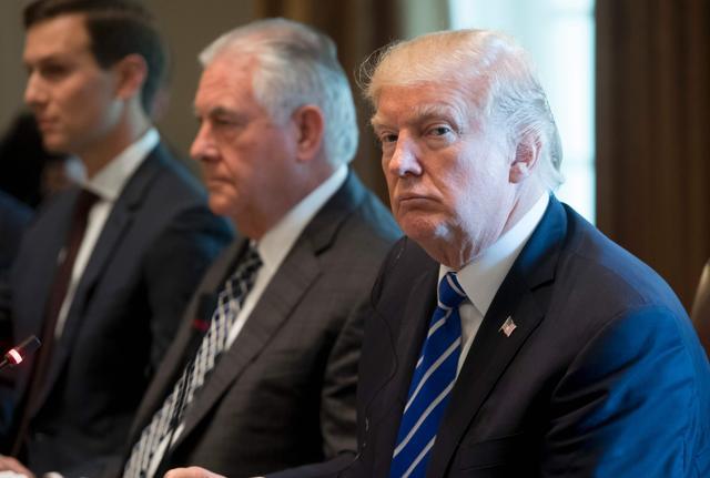US President Donald Trump sits alongside his secretary of state Rex Tillerson (2nd L) and senior adviser Jared Kushner (L) at the White House on September 26, 2017. (AFP) US President Donald Trump sits alongside his secretary of state Rex Tillerson (2nd L) and senior adviser Jared Kushner (L) at the White House on September 26, 2017. (AFP)