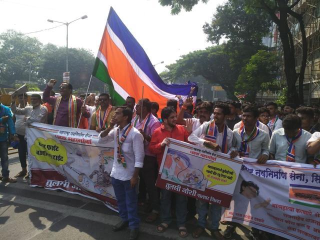 Supporters hold banners objecting to the BJP’s ambitious bullet train project. (Pratik Chorge) Supporters hold banners objecting to the BJP’s ambitious bullet train project. (Pratik Chorge)