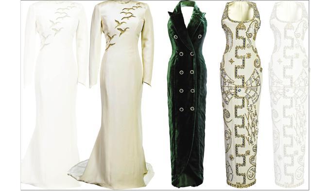 (From left) The Catherine Walker dress with sequinned falcons that Diana wore for an official visit to Saudi Arabia in 1986; Green velvet halterneck gown designed by Catherine Walker ; Diana experimented with international labels like this ice-blue silk Versace gown (©Historic Royal Palaces) (From left) The Catherine Walker dress with sequinned falcons that Diana wore for an official visit to Saudi Arabia in 1986; Green velvet halterneck gown designed by Catherine Walker ; Diana experimented with international labels like this ice-blue silk Versace gown (©Historic Royal Palaces)