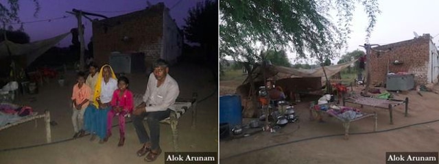 Left: Kisturi Devi (centre) with three of her grandchildren and a Panchayat Extension Officer; Right: the shanty where she lives. Left: Kisturi Devi (centre) with three of her grandchildren and a Panchayat Extension Officer; Right: the shanty where she lives.
