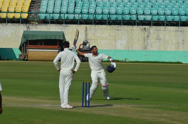 Himachal Pradesh batsman Prashant Chopra on completing his double hundred against Punjab at the HPCA Stadium in Dharamsala on Friday. (HT Photo) Himachal Pradesh batsman Prashant Chopra on completing his double hundred against Punjab at the HPCA Stadium in Dharamsala on Friday. (HT Photo)