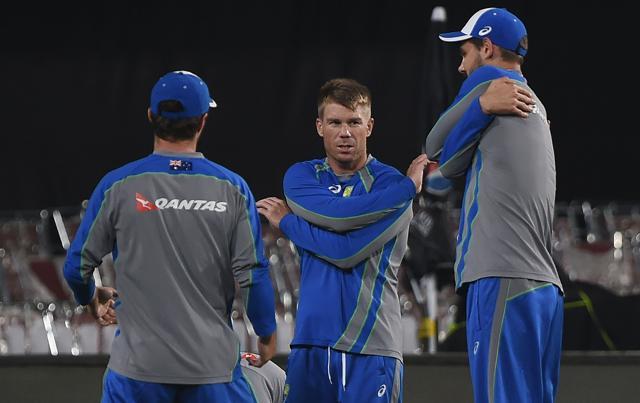 David Warner (C) will have to shine with the bat if Australia are to match India in tonight’s T20 international at the JSCA international stadium complex in Ranchi. (AFP)