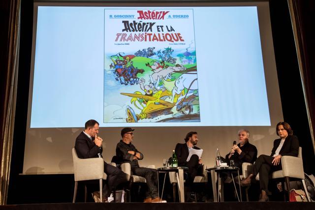 French cartoonist Didier Conrad (second from left) and French writer and designer Jean-Yves Ferri (second from right) at a Paris press conference about the comic’s release. (AFP) French cartoonist Didier Conrad (second from left) and French writer and designer Jean-Yves Ferri (second from right) at a Paris press conference about the comic’s release. (AFP)