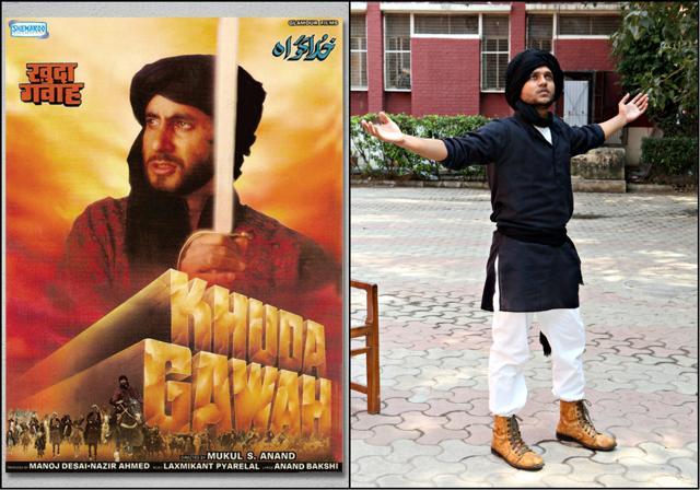 Sonu Sagar, a member of Players— the theatre society of Kirori Mal College— poses as Amitabh Bachchan’s character from Khuda Gawah. (Prabhas Roy/HT Photo)