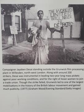 An image at the exhibition showing Jayaben Desai, who was instrumental in leading protests against poor working conditions in London. (HT Photo)