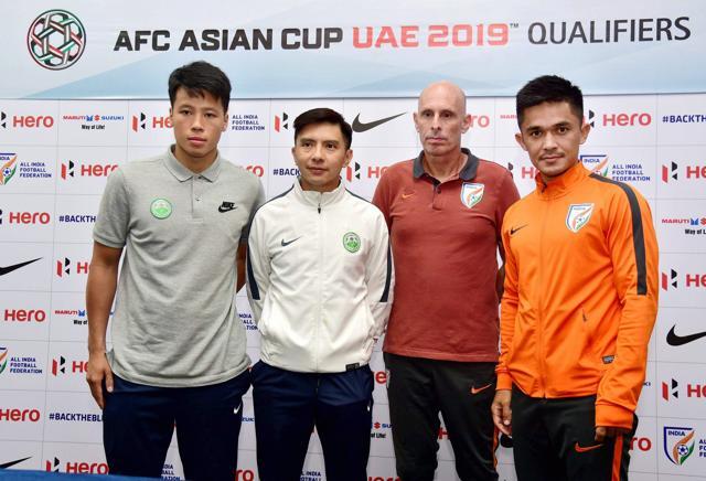 Indian football team captain Sunil Chettri (extreme right), coach Stephen Constantine, Macau football team Coach Chan Hiu Ming and footballer Man Fai during a press conference ahead of the AFC Asian Cup qualifier match at Kanteerava Stadium in Bangalore on Tuesday. (PTI)