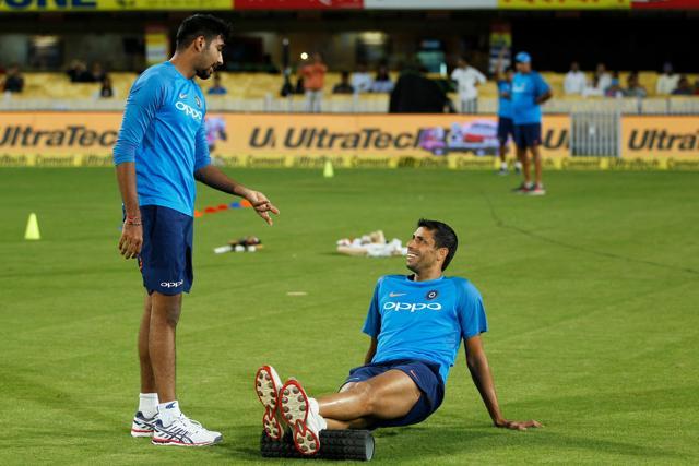 Jasprit Bumrah and Ashish Nehra at the JCSA International Stadium in Ranchi ahead of the 1st T20 on October 7, 2017. (BCCI )