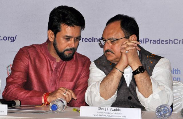 BJP leaders JP Nadda (right) with Anurag Thakur during the TB-free India summit at Dharamsala on April 8, 2017. (Shyam Sharma/HT file photo)