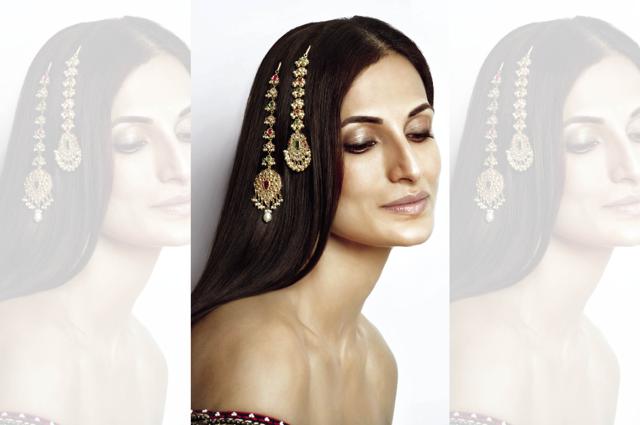 Gold maang tikkas set in rubies, polki, emeralds and pearls from Neeraj Gupta of Mangatrai Jewellery, Draped ensemble by Nikasha at Angasutra (Nishat Fatima) Gold maang tikkas set in rubies, polki, emeralds and pearls from Neeraj Gupta of Mangatrai Jewellery, Draped ensemble by Nikasha at Angasutra (Nishat Fatima)