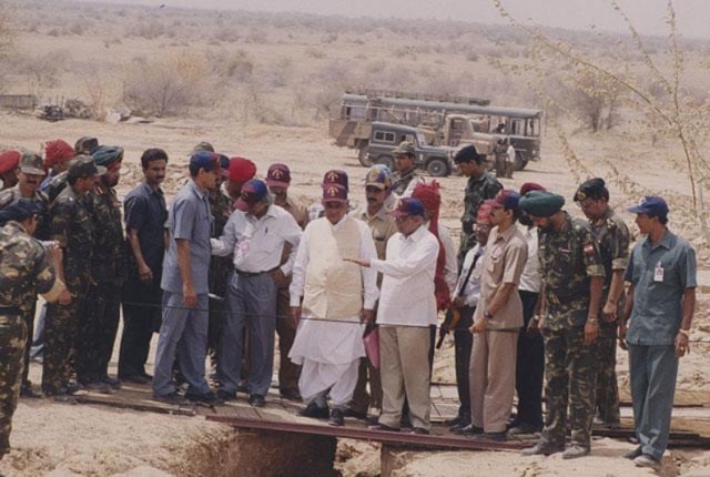 Former prime minister AB Vajpayee, flanked by APJ Abdul Kalam and R Chidambaram inspects the site of the nuclear fission blast at Pokhran in Thar desert . (PTI File Photo)