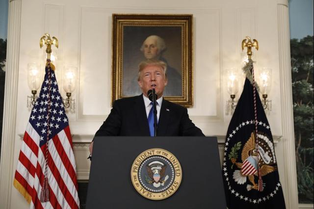 US President Donald Trump speaks about the Iran nuclear deal in the Diplomatic Room of the White House in Washington. (Reuters Photo) US President Donald Trump speaks about the Iran nuclear deal in the Diplomatic Room of the White House in Washington. (Reuters Photo)