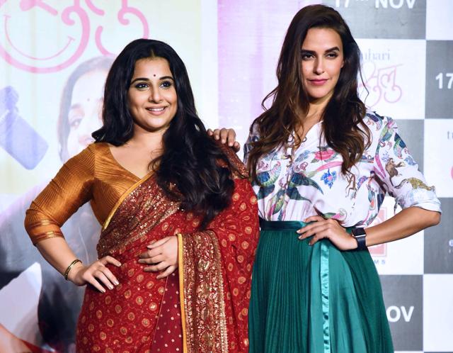 Vidya Balan (L) and Neha Dhupia (R) pose for a picture during the trailer launch of the upcoming comedy-drama Hindi film Tumhari Sulu. (AFP) Vidya Balan (L) and Neha Dhupia (R) pose for a picture during the trailer launch of the upcoming comedy-drama Hindi film Tumhari Sulu. (AFP)