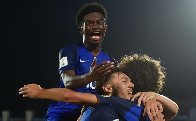 Amine Gouiri of France (centre) celebrates with teammates after scoring a goal during the FIFA U-17 World Cup Group E match against Japan at Indira Gandhi Athletic Stadium in Guwahati last week. (FIFA) Amine Gouiri of France (centre) celebrates with teammates after scoring a goal during the FIFA U-17 World Cup Group E match against Japan at Indira Gandhi Athletic Stadium in Guwahati last week. (FIFA)
