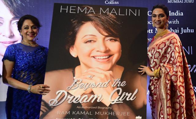 Deepika Padukone and Hema Malini at the launch of her official biography Beyond the Dream Girl in Mumbai on Monday. (PTI) Deepika Padukone and Hema Malini at the launch of her official biography Beyond the Dream Girl in Mumbai on Monday. (PTI)