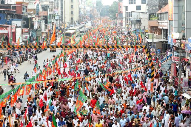 The BJP’s Janaraksha Yatra at Thiruvananthapuram in Kerala on Tuesday. (Vivek Nair/ HT Photo) The BJP’s Janaraksha Yatra at Thiruvananthapuram in Kerala on Tuesday. (Vivek Nair/ HT Photo)