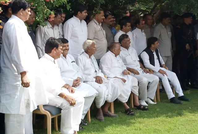 Akhilesh Yadav and Mulayam Singh Yadav along with other leaders in Saifai on Thursday. (Sughar Singh / HT Photo) Akhilesh Yadav and Mulayam Singh Yadav along with other leaders in Saifai on Thursday. (Sughar Singh / HT Photo)