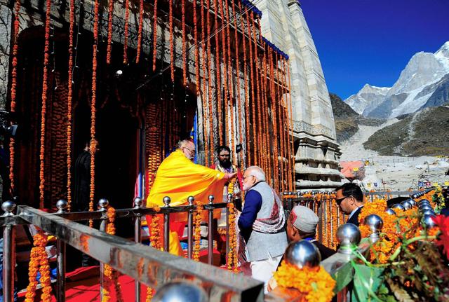 Prime Minister Narendra Modi offers prayers at Kedarnath in Uttarakhand on Friday. (PTI) Prime Minister Narendra Modi offers prayers at Kedarnath in Uttarakhand on Friday. (PTI)