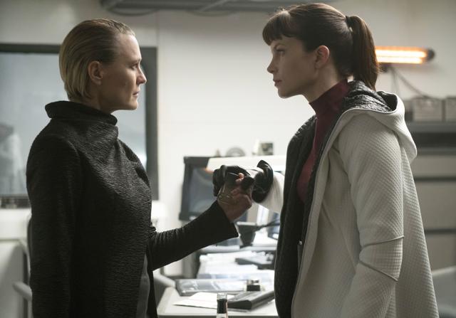 This image released by Warner Bros. Pictures shows Robin Wright, left, and Sylvia Hoeks in a scene from Blade Runner 2049. (AP)