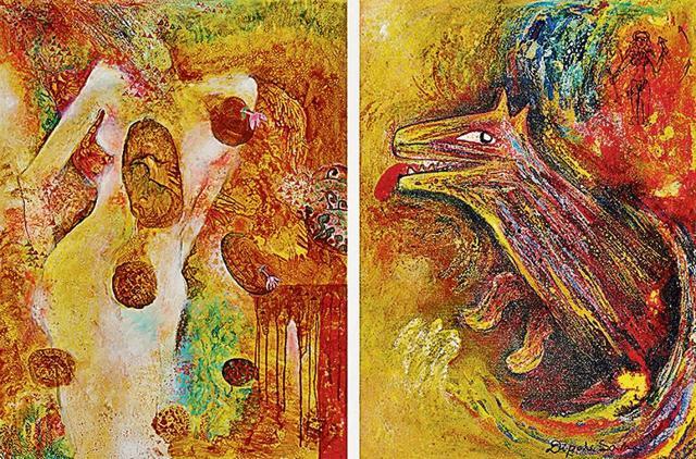 Exhibited paintings depict ecological agonies of Mother Earth. (Dipali Saha)