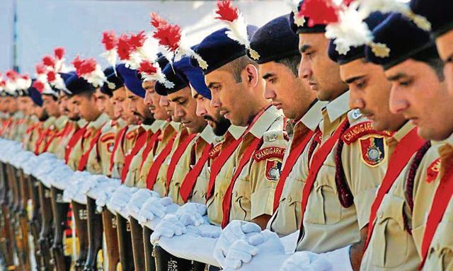 UT personnel during the Commemoration Day in Sector 17 on Saturday. (Karun Sharma/HT)
