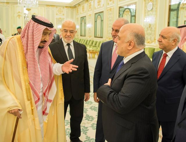 Saudi Arabia's King Salman bin Abdulaziz Al Saud gestures as he speaks with Iraqi Prime Minister Haider al-Abadi in Riyadh, Saudi Arabia October 22, 2017. (Reuters )