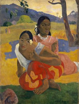 The painting depicts two Tahitian women in colourful and traditional dresses, surrounded by picturesque landscape. The painting depicts two Tahitian women in colourful and traditional dresses, surrounded by picturesque landscape.