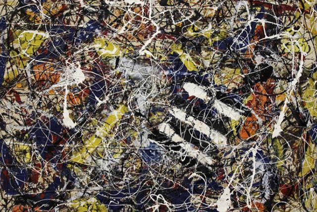 This 1948 abstract artwork is an oil on fiberboard and drip painting. This 1948 abstract artwork is an oil on fiberboard and drip painting.