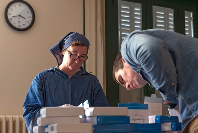 Sister Elie Marie (L) and a non-religious employee package soap at the Saint-Vincent abbey in Chantelle. (AFP) Sister Elie Marie (L) and a non-religious employee package soap at the Saint-Vincent abbey in Chantelle. (AFP)
