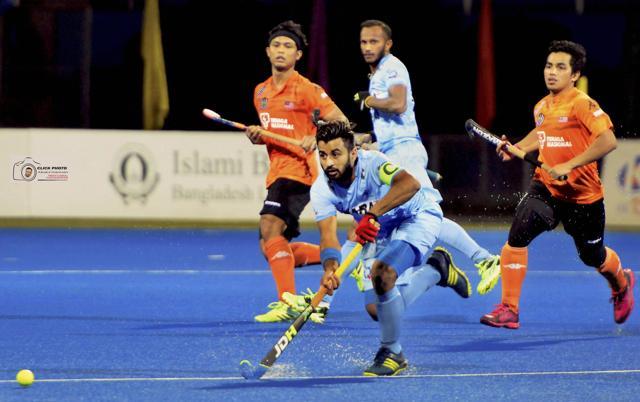 Manpreet Singh in action against Malaysia in the final of the Asia Cup 2017 at the Maulana Bhashani National Hockey Stadium in Dhaka on Sunday. India beat Malaysia 2-1 to secure the title after 10 years. (PTI)