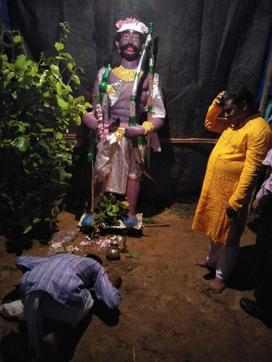 A devotee bows down before Mahisasur. (Photo courtesy: Facebook/Saradindu Uddipan) A devotee bows down before Mahisasur. (Photo courtesy: Facebook/Saradindu Uddipan)