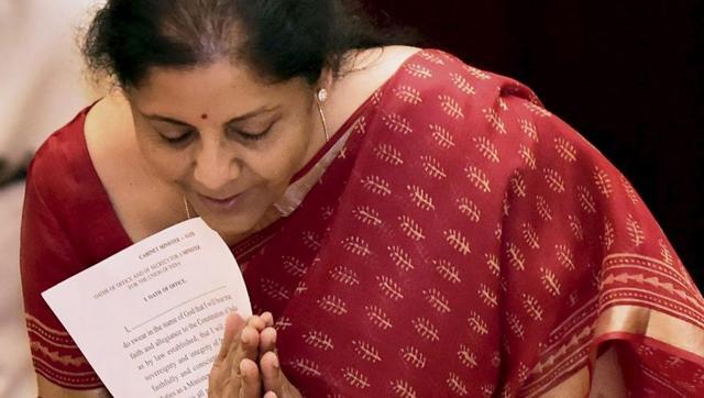 Nirmala Sitharaman exchanges greetings after taking oath of office at Rashtrapati Bhavan in New Delhi. (PTI File Photo)