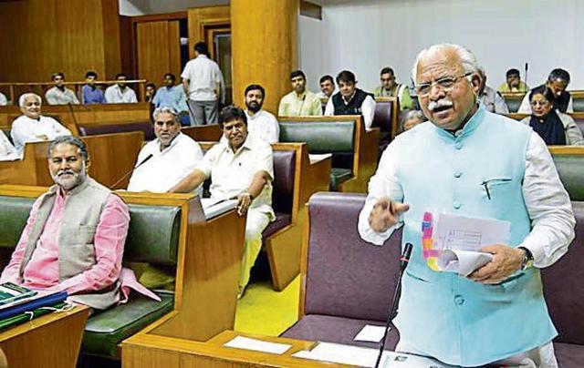 Chief minister Manohar Lal Khattar replying to a question during the session. (Keshav Singh/HT)