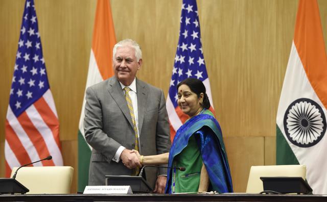 US secretary of state Rex Tillerson with external affairs minister Sushma Swaraj during a joint press briefing in New Delhi on Wednesday. (Arvind Yadav/HT PHOTO) US secretary of state Rex Tillerson with external affairs minister Sushma Swaraj during a joint press briefing in New Delhi on Wednesday. (Arvind Yadav/HT PHOTO)