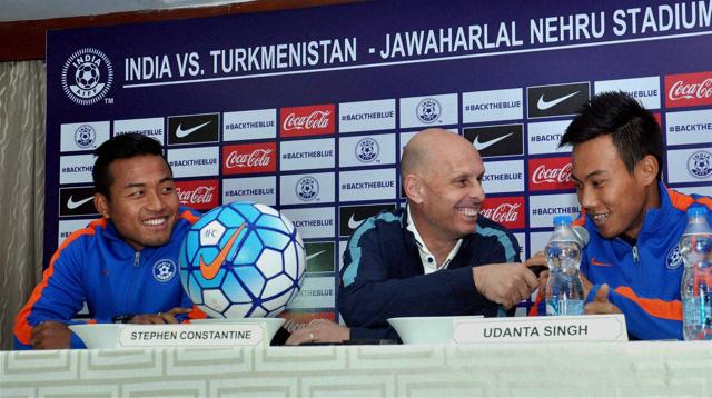 Coach Stephen Constantine, star striker Jeje Lalpekhlua (L) and newcomer Udanta Singh at a press conference ahead of the World Cup qualifier against Turkmenistan in Kochi in March 2016. (PTI)