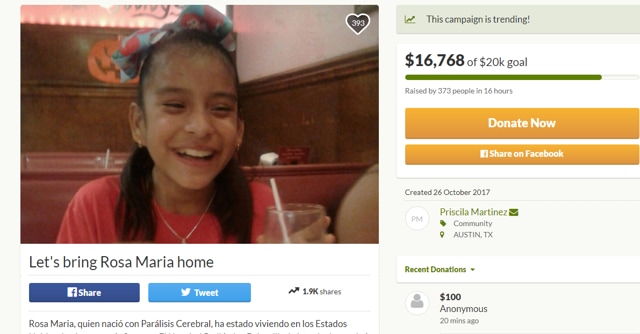 Screenshot of the online campaign to raise funds for Rosa Maria Hernandez on GoFundMe.com.