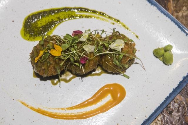 The corn-stuffed shiitake mushrooms were plump and yielding, with a pleasantly surprising burst of curry leaf. (Pratik Chorge / HT Photo)