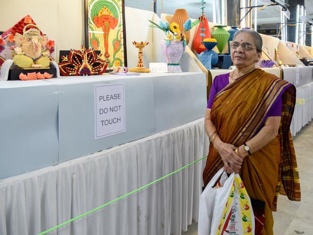 Vaijayanti Gondhalekar (80) displaying her origami work at the exhibition. (Sanket Wankhade/HT PHOTO) Vaijayanti Gondhalekar (80) displaying her origami work at the exhibition. (Sanket Wankhade/HT PHOTO)