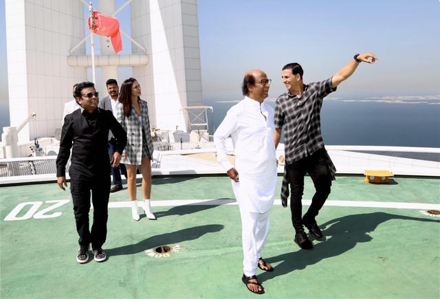 Tamil superstar Rajinikanth, Bollywood actors Amy Jackson, Akshay Kumar, director Shankar and Oscar award winning music composer A R Rahman arrive for the audio launch of upcoming flick 2.0, at a grand function in Dubai on Thursday. (PTI) Tamil superstar Rajinikanth, Bollywood actors Amy Jackson, Akshay Kumar, director Shankar and Oscar award winning music composer A R Rahman arrive for the audio launch of upcoming flick 2.0, at a grand function in Dubai on Thursday. (PTI)