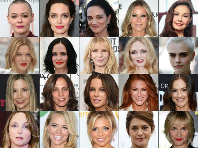 This combination of pictures created on October 14, 2017 shows US actress Rose McGowan taken on April 4, 2016, US actress Angelina Jolie taken on September 14, 2017, Italian actress Asia Argento taken on May 17, 2017, US actress Gwyneth Paltrow taken on May 6, 2017, US actress Ashley Judd taken on July 25, 2017, French actress Lea Seydoux taken on May 19, 2016, French actress Eva Green taken on May 27, 2017, US actress Rosanna Arquette taken on February 25, 2017, US actress Heather Graham taken on May 22, 2013, British model and actress Cara Delevingne taken on July 4, 2017, US actress Mira Sorvino taken on December 7, 2015, US producer Elizabeth Karlsen taken on January 4, 2016, British actress Kate Beckinsale taken on August 7, 2017, US actress and model Angie Everhart taken on November 4, 2010, US actress Actress Minka Kelly taken on March 21, 2016, US actress Louisette Geiss taken October 10, 2017, US actress Jessica Barth taken on June 21, 2012, television reporter Lauren Sivan taken on July 26, 2014, French actress Emma De Caunes taken on October 17, 2016 and French actress Judith Godreche taken on October 19, 2015. (AFP) This combination of pictures created on October 14, 2017 shows US actress Rose McGowan taken on April 4, 2016, US actress Angelina Jolie taken on September 14, 2017, Italian actress Asia Argento taken on May 17, 2017, US actress Gwyneth Paltrow taken on May 6, 2017, US actress Ashley Judd taken on July 25, 2017, French actress Lea Seydoux taken on May 19, 2016, French actress Eva Green taken on May 27, 2017, US actress Rosanna Arquette taken on February 25, 2017, US actress Heather Graham taken on May 22, 2013, British model and actress Cara Delevingne taken on July 4, 2017, US actress Mira Sorvino taken on December 7, 2015, US producer Elizabeth Karlsen taken on January 4, 2016, British actress Kate Beckinsale taken on August 7, 2017, US actress and model Angie Everhart taken on November 4, 2010, US actress Actress Minka Kelly taken on March 21, 2016, US actress Louisette Geiss taken October 10, 2017, US actress Jessica Barth taken on June 21, 2012, television reporter Lauren Sivan taken on July 26, 2014, French actress Emma De Caunes taken on October 17, 2016 and French actress Judith Godreche taken on October 19, 2015. (AFP)